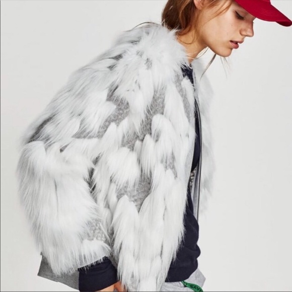 ZARA WHITE GREY FAUX FUR ZIP JACKET - Picture 2 of 7